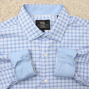 WRK Dress Shirt Men 17 Blue 4-Way Stretch Flip Cuff Polyester Stretch L/S Button
